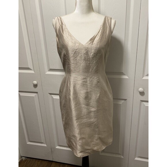 Gilar 100% Silk Fitted Hourglass Silhoutte Lined Sheath Dress Beige -Size 6 - Picture 3 of 14